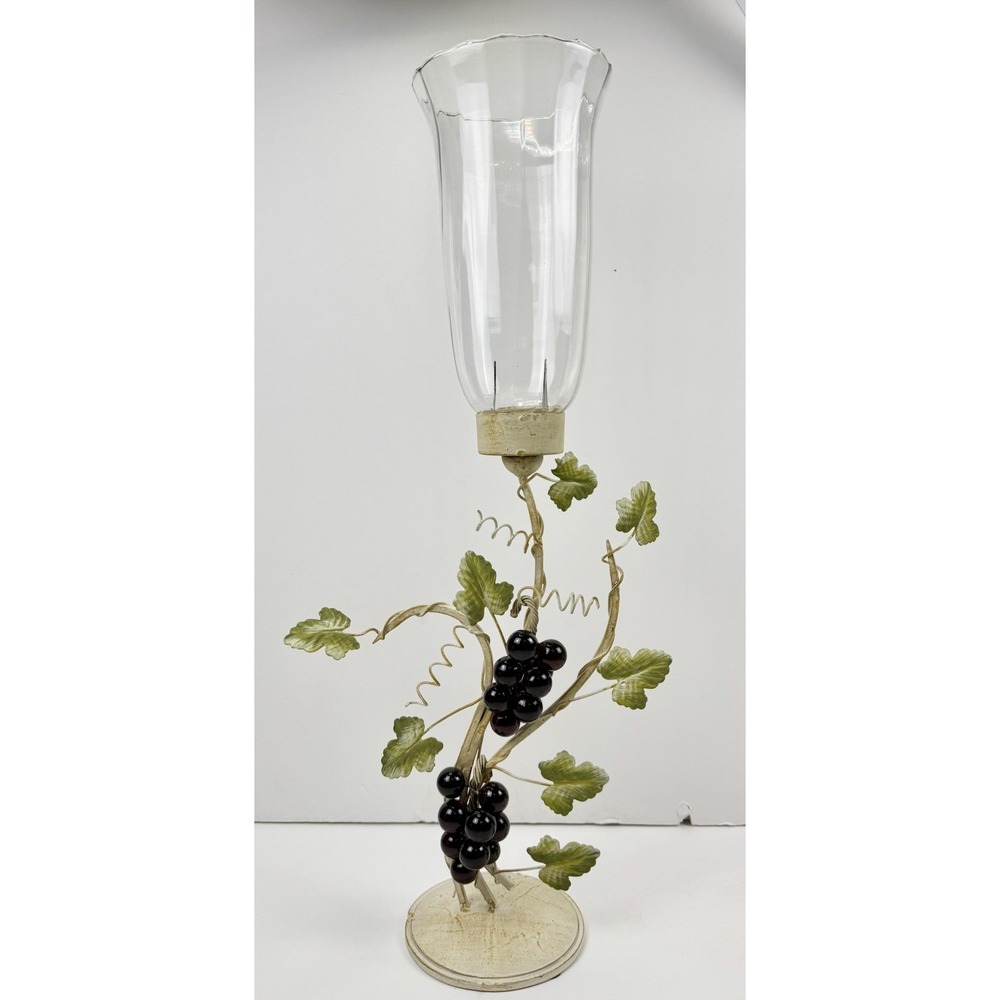Vintage Italian Toleware Grapes & Leaves Candle‎ Holder Hurricane Glass Metal
